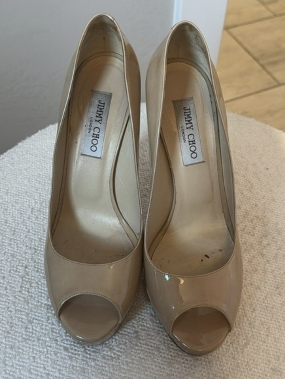 JIMMY CHOO Nude Peep toe Platform Stiletto Heels Size 41 / US 10